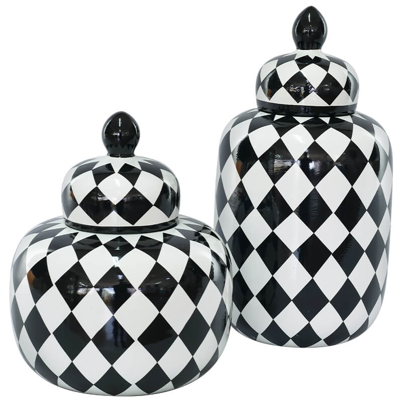 BLACK/WHITE CHECK JAR/LID 26CM - Image 2