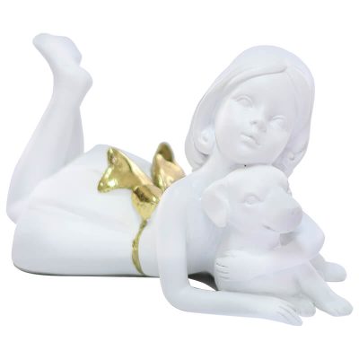 LYING GIRL WITH DOG GOLD 9X15X9CM