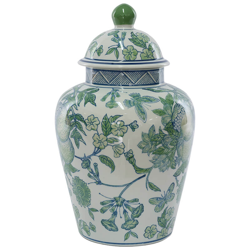 GREEN WHITE GINGER JAR/LID 34CM
