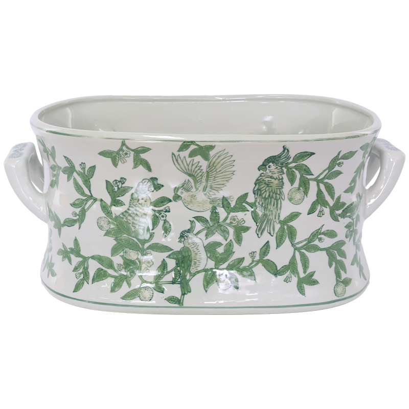 GREEN WHITE PARROT DESIGN PLANTER 49 X 31 X 21CM