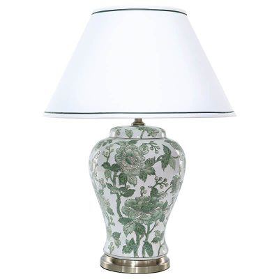 GREEN FLOWER JAR LAMP/WHITE SHADE 69CM