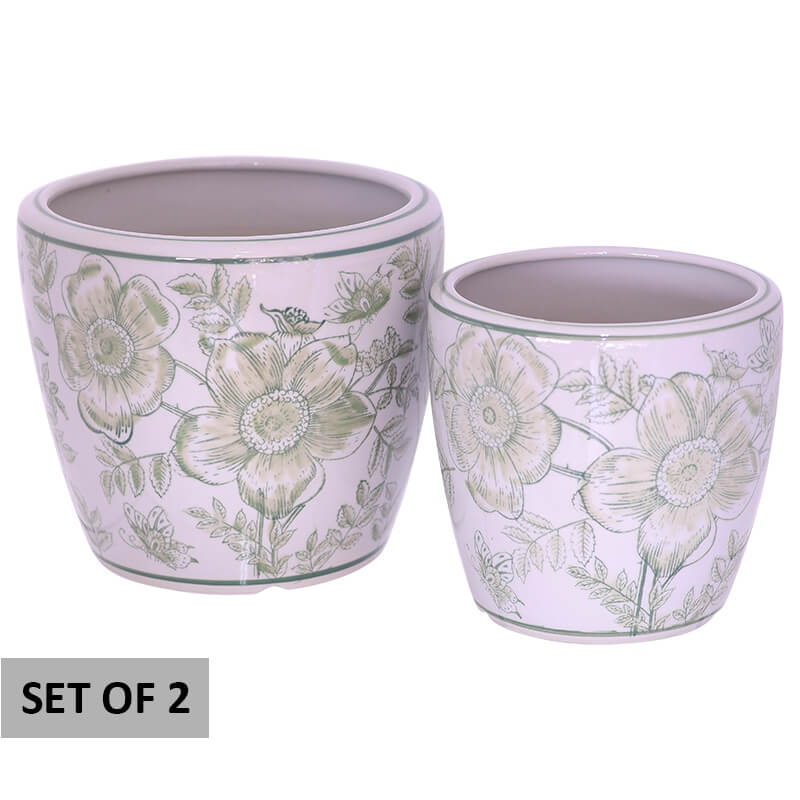 GREEN/WHITE POPPY PLANTER SET/2